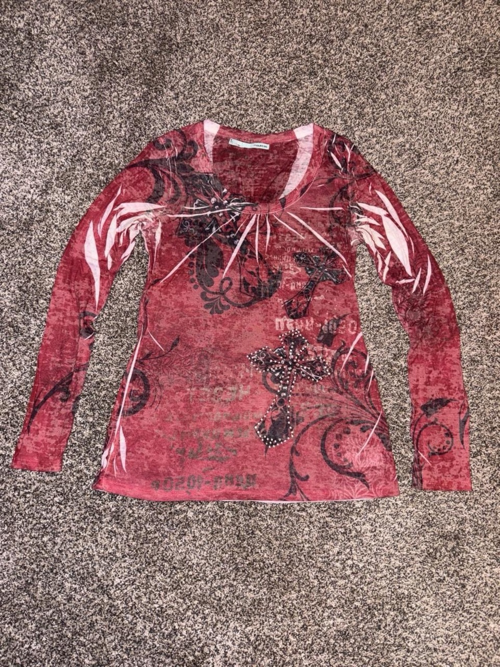 Y2K grunge alt long sleeve shirt with crosses and sequins